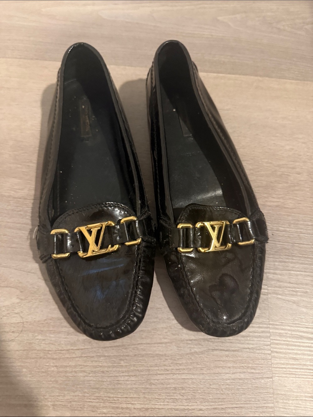 AUTHENTIC Louis Vuitton Black Patent Leather Loafers with Gold LV Hardware